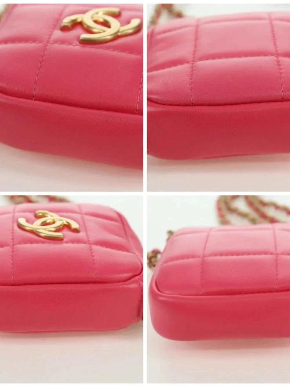 CHANEL Choco Bar Chain Shoulder Pouch Lamb Skin Pink Gold CC Auth LNZ440SAM